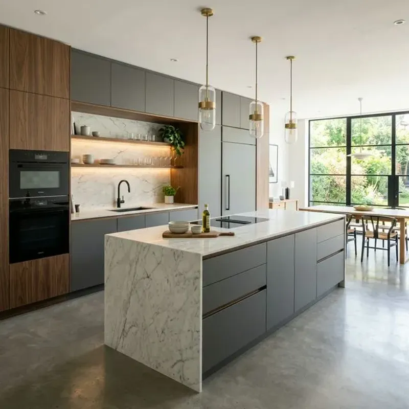 Hệ tủ bếp hiện đại phong cách tối giản, sử dụng cốt gỗ MDF chống ẩm cao cấp
